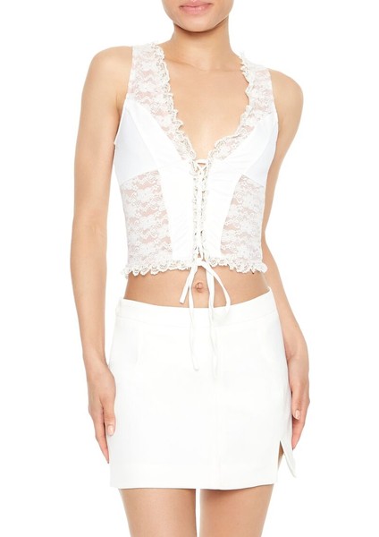 V Yaka Dantel Detaylı Crop Bluz