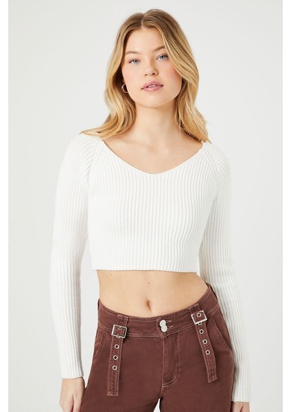 F21 V Yaka Fitilli Crop Kazak