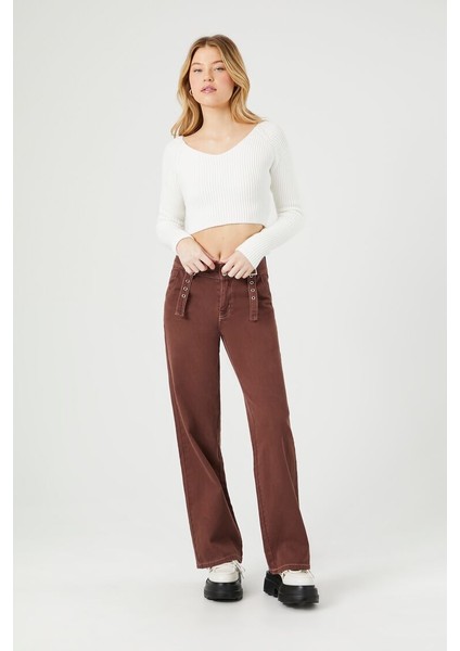 F21 V Yaka Fitilli Crop Kazak