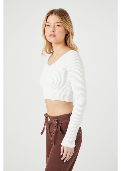 F21 V Yaka Fitilli Crop Kazak