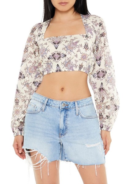 Desenli Bağcıklı Crop Bluz