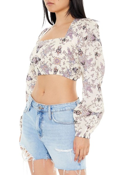 Desenli Bağcıklı Crop Bluz