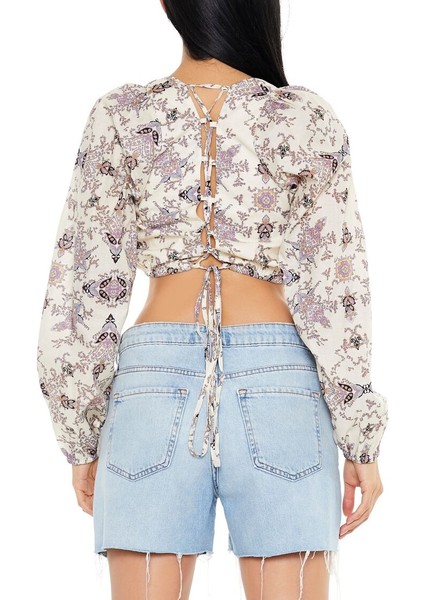 Desenli Bağcıklı Crop Bluz