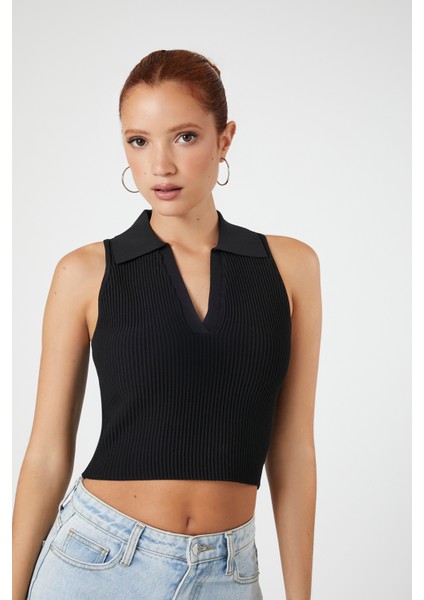 Örgü V Yaka Crop Bluz