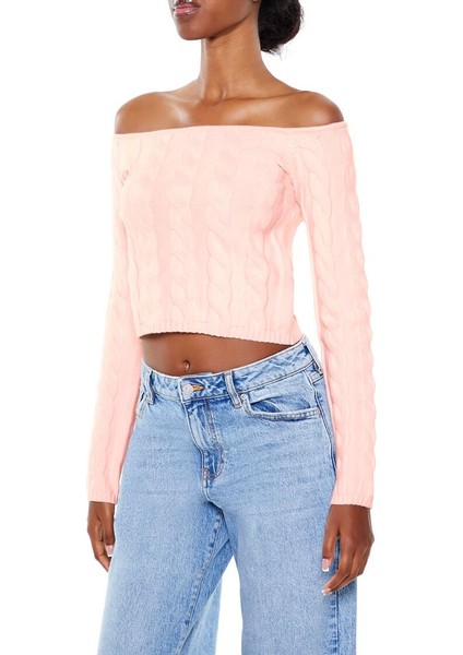 F21 Omzu Açık Crop Kazak