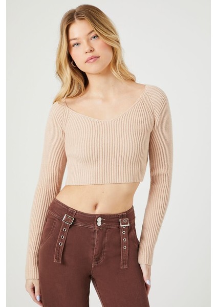 F21 V Yaka Fitilli Crop Kazak