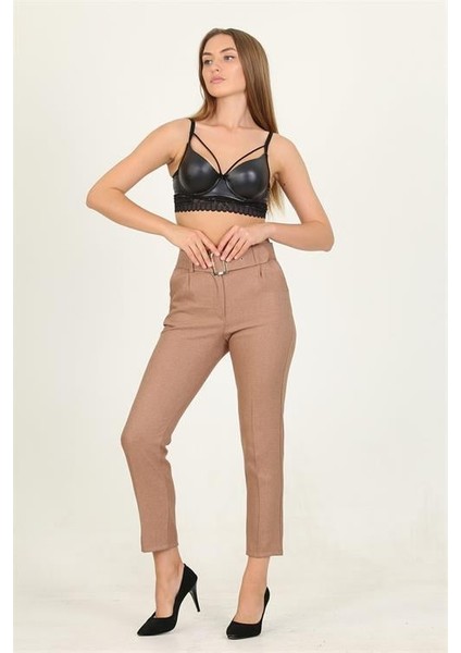 Dipmoda kadın camel kemerli yüksek bel havuç pantolon QNS033