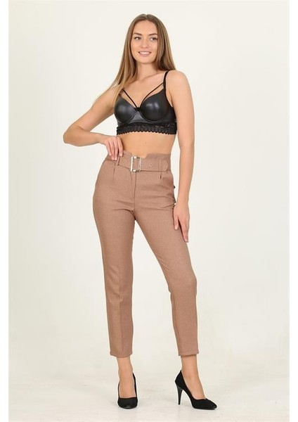 Dipmoda kadın camel kemerli yüksek bel havuç pantolon QNS033