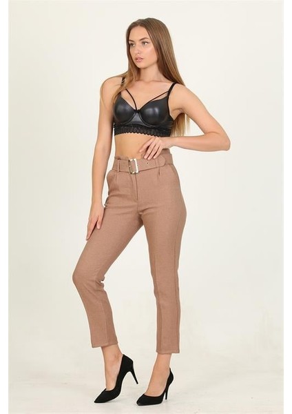 Dipmoda kadın camel kemerli yüksek bel havuç pantolon QNS033