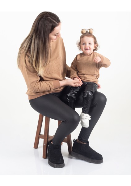 Mama & Mini Nakışlı Sweatshirt Takım - Kahverengi