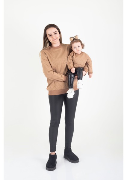 Mama & Mini Nakışlı Sweatshirt Takım - Kahverengi