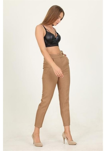 Dipmoda kadın camel metal kemerli cepli ofis pantolon QNS028