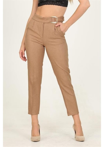 Dipmoda kadın camel metal kemerli cepli ofis pantolon QNS028