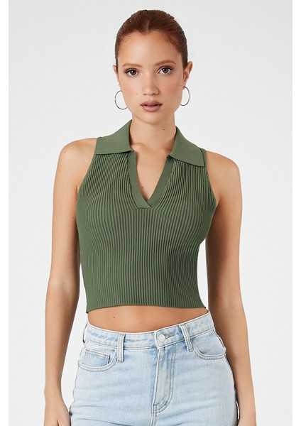 Örgü V Yaka Crop Bluz