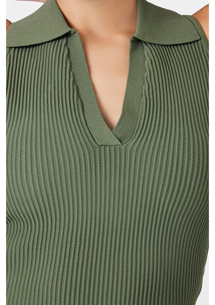 Örgü V Yaka Crop Bluz