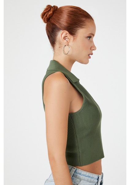 Örgü V Yaka Crop Bluz