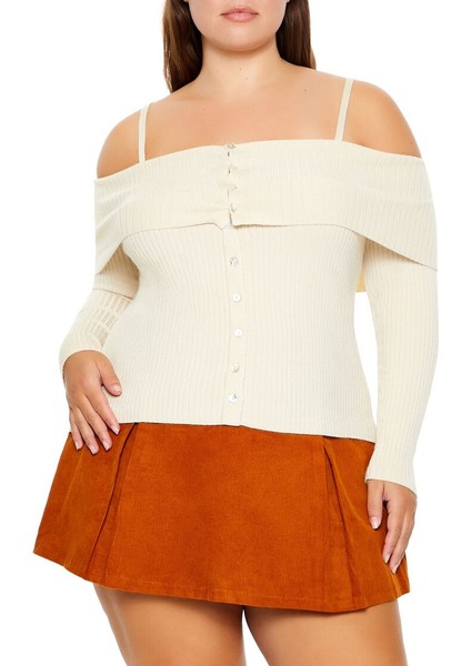 Plus Size Düşük Omuzlu Kazak