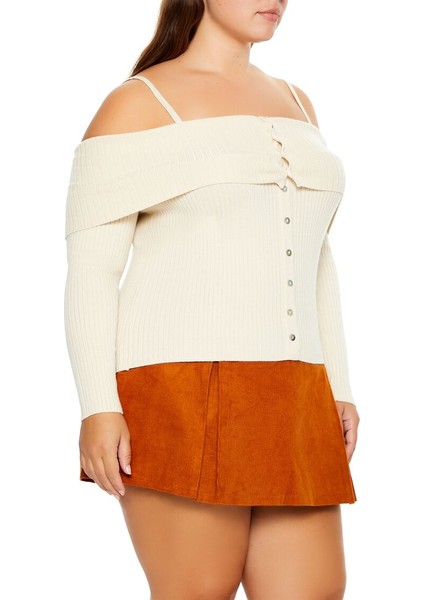Plus Size Düşük Omuzlu Kazak