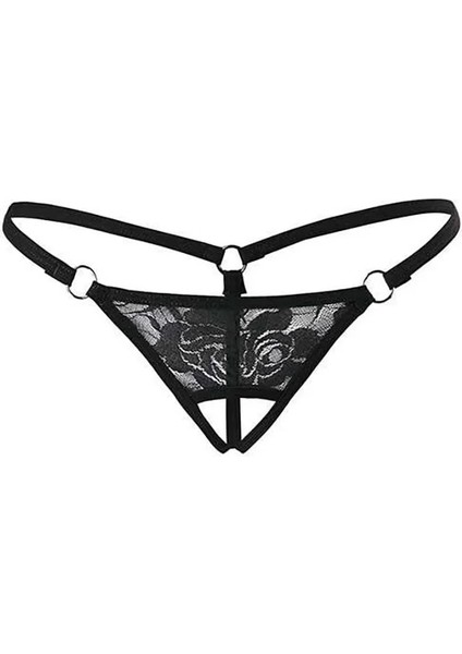 Siyah Dantelli Özel Bölgesi Açık G-String TM1167