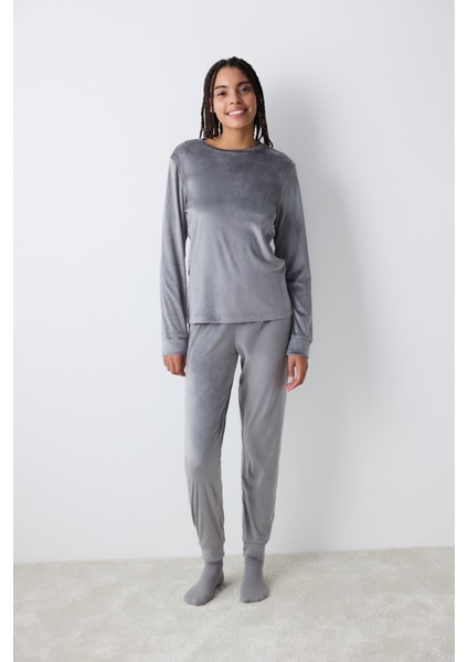 Greek Fuzzy Solid Koyu Gri Sweatshirt Pijama Üstü