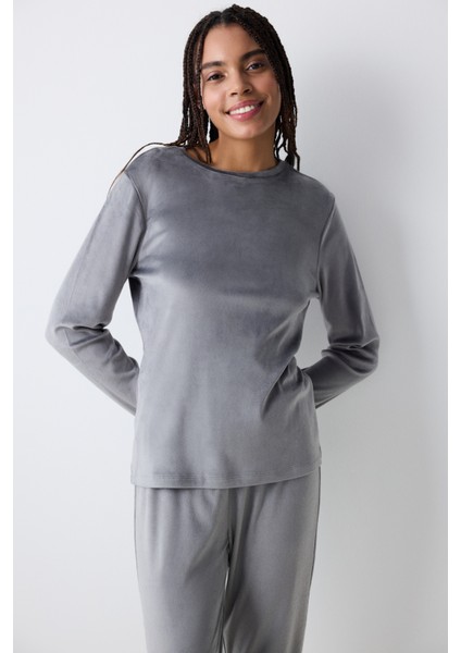 Greek Fuzzy Solid Koyu Gri Sweatshirt Pijama Üstü fiyatları