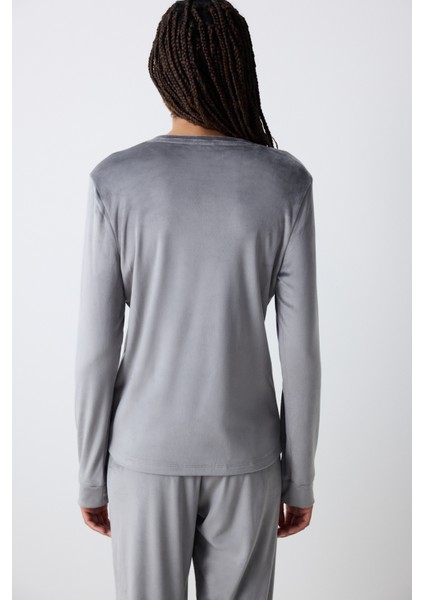 Greek Fuzzy Solid Koyu Gri Sweatshirt Pijama Üstü modelleri