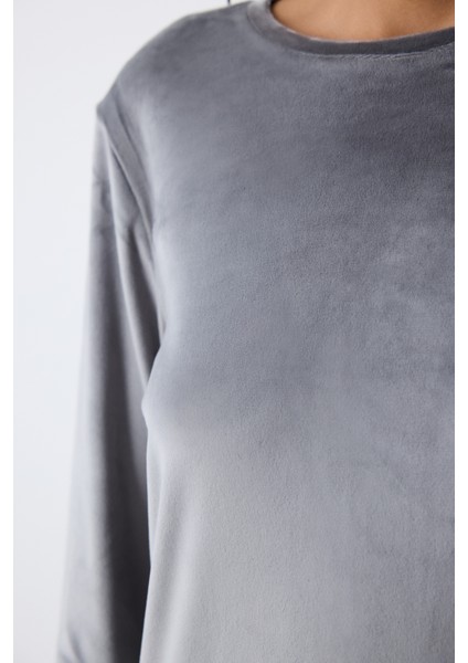 Greek Fuzzy Solid Koyu Gri Sweatshirt Pijama Üstü fırsatları