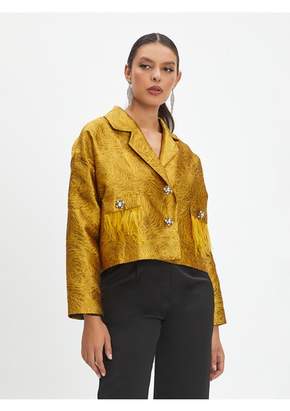 Kadın Parlak Desenli Kısa Ceket - Taş Düğmeli, Otriş Cepli, Şık ve Modern Tasarım - Günlük ve Özel Davet Kullanımı Için Ceket
