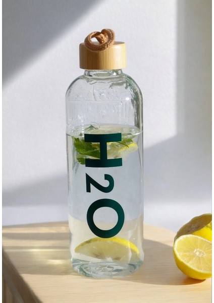 H2O Bambu Kapaklı Borosilikat Cam Matara 1000 ml | Ekolojik ve Şık Su Şişesi