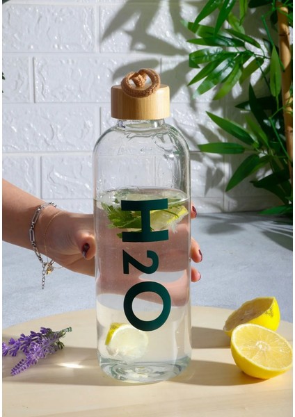 H2O Bambu Kapaklı Borosilikat Cam Matara 1000 ml | Ekolojik ve Şık Su Şişesi