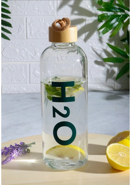 H2O Bambu Kapaklı Borosilikat Cam Matara 1000 ml | Ekolojik ve Şık Su Şişesi