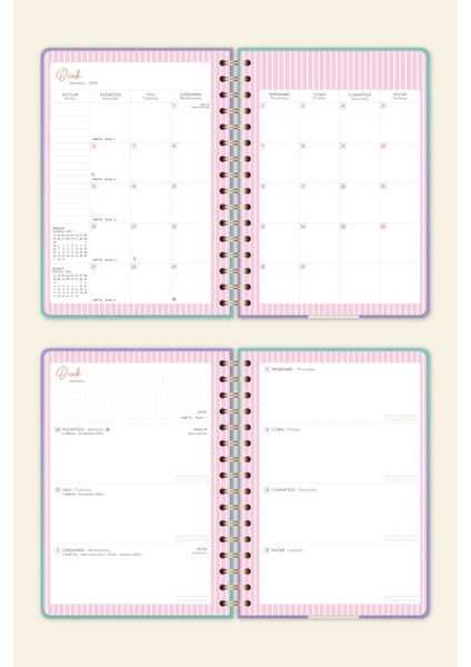 2025 A5 Spiralli Renkli Haftalık Ajanda 12 Aylık – Motivasyon Sayfalı Kelebek