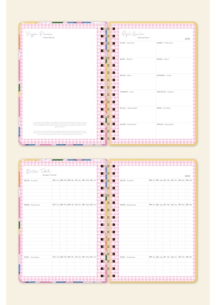2025 A5 Spiralli Renkli Haftalık Ajanda 12 Aylık – Motivasyon Sayfalı Çiçekler