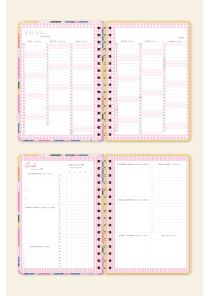 2025 A5 Spiralli Renkli Haftalık Ajanda 12 Aylık – Motivasyon Sayfalı Çiçekler