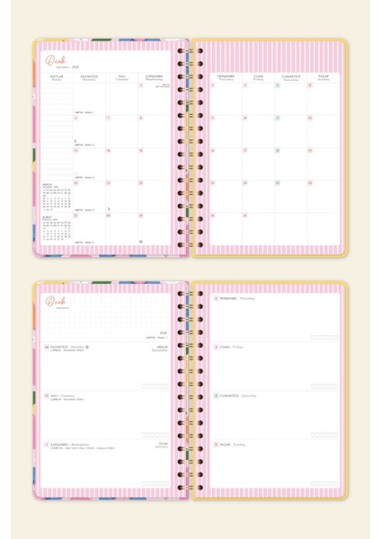 2025 A5 Spiralli Renkli Haftalık Ajanda 12 Aylık – Motivasyon Sayfalı Çiçekler