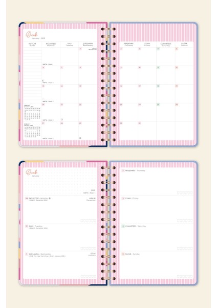 2025 A5 Spiralli Renkli Haftalık Ajanda 12 Aylık – Motivasyon Sayfalı Dalgalar
