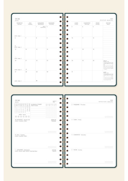 2025 A5 Spiralli Keten Haftalık Ajanda 12 Aylık - Koyu Yeşil