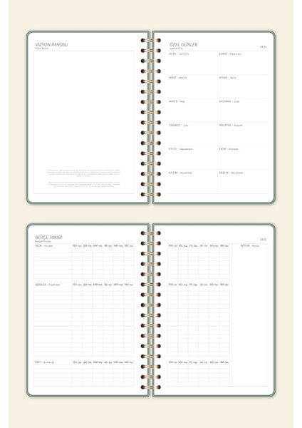 2025 A5 Spiralli Keten Haftalık Ajanda 12 Aylık - Yeşil