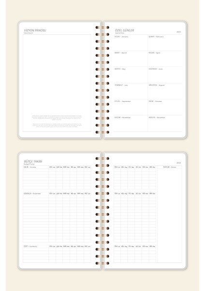 2025 A5 Spiralli Keten Haftalık Ajanda 12 Aylık - Krem