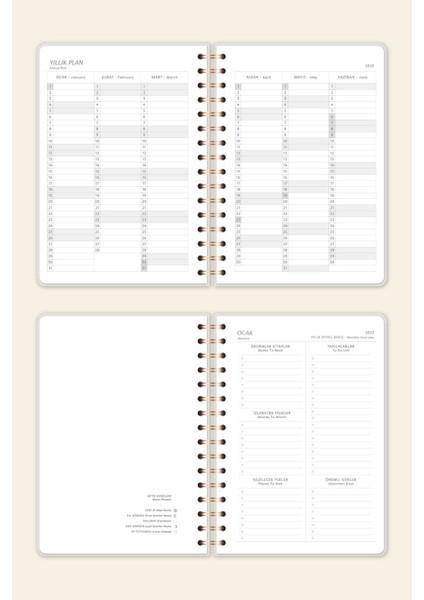 2025 A5 Spiralli Keten Haftalık Ajanda 12 Aylık - Krem