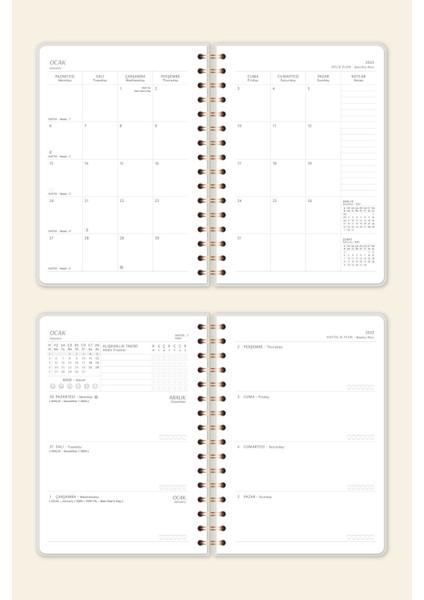 2025 A5 Spiralli Keten Haftalık Ajanda 12 Aylık - Krem