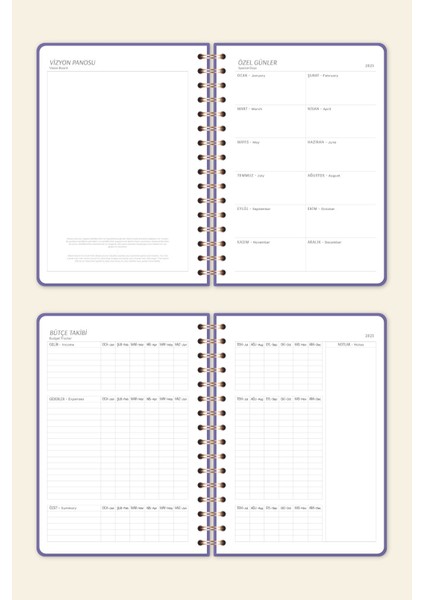 2025 A5 Spiralli Keten Haftalık Ajanda 12 Aylık - Lila