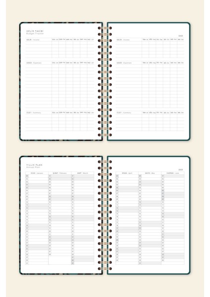 2025 Spiralli Günlük Ajanda 12 Aylık – 17X24 cm Yeşil Leopar