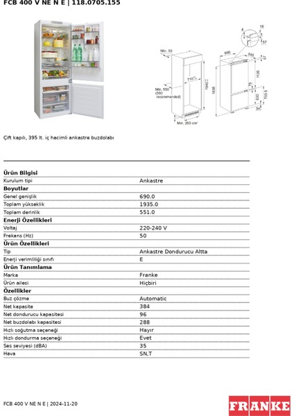 Fcb 400 Tnf Ne E Enerji Sınıfı 384 lt No Frost Buzdolabı