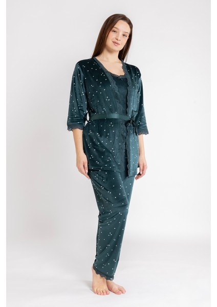 Kadın Zümrüt Kalp Kadife Ip Askı Sabahlık Pantolon 3 Lü Pijama Takım