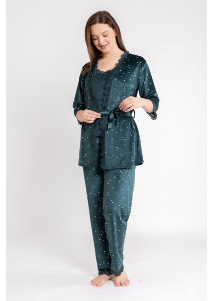 Kadın Zümrüt Kalp Kadife Ip Askı Sabahlık Pantolon 3 Lü Pijama Takım fiyatları