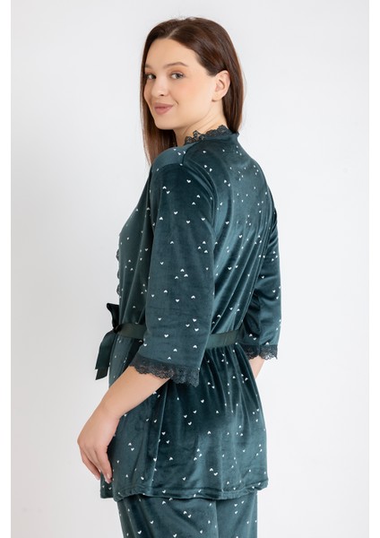 Kadın Zümrüt Kalp Kadife Ip Askı Sabahlık Pantolon 3 Lü Pijama Takım modelleri