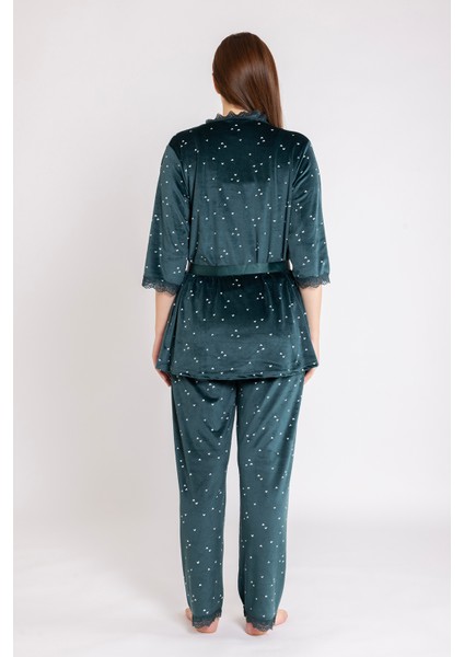 Kadın Zümrüt Kalp Kadife Ip Askı Sabahlık Pantolon 3 Lü Pijama Takım fırsatları