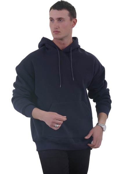 Lacivert Basic Oversize Soft Touch Kışlık Kapüşonlu Içi Polarlı 3 Iplik Hoodie Sweatshirt