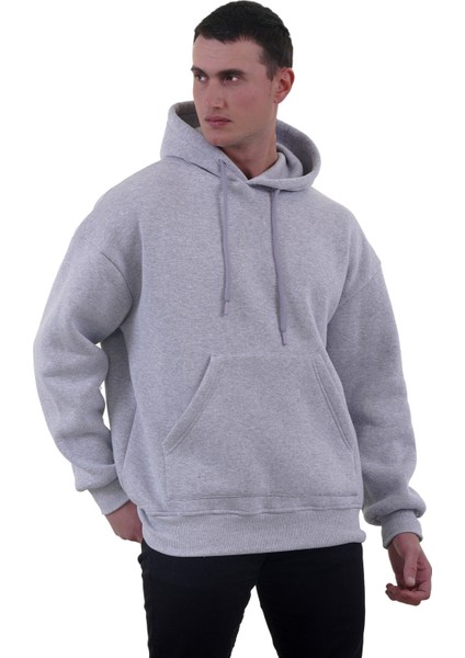 Gri Melanj Basic Oversize Soft Touch Kışlık Kapüşonlu Içi Polarlı 3 Iplik Hoodie Sweatshirt